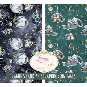 Puede incluir: Dos p&aacute;ginas de scrapbooking digitales con tem&aacute;tica de dragones. Una p&aacute;gina tiene un fondo azul oscuro con estrellas, lunas y dragones. La otra p&aacute;gina tiene un fondo verde azulado con monta&ntilde;as, castillos y dragones. Ambas p&aacute;ginas tienen el texto "Dragon's Land A4 Scrapbooking Pages".