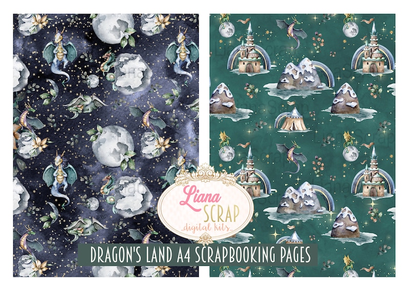Puede incluir: Dos p&aacute;ginas de scrapbooking digitales con tem&aacute;tica de dragones. Una p&aacute;gina tiene un fondo azul oscuro con estrellas, lunas y dragones. La otra p&aacute;gina tiene un fondo verde azulado con monta&ntilde;as, castillos y dragones. Ambas p&aacute;ginas tienen el texto "Dragon's Land A4 Scrapbooking Pages".