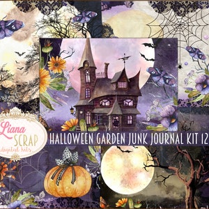 Halloween Garden Junk Journal Digital Kit Printable, Purple Flowers Halloween Collage Sheets, Digital Halloween Junk Journal