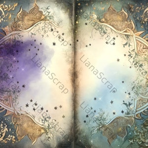 May include: A vintage-style, open book with ornate gold and blue borders. The pages are blank and have a watercolor background with scattered stars.