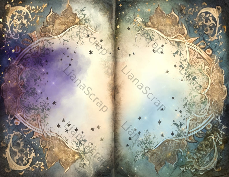 May include: A vintage-style, open book with ornate gold and blue borders. The pages are blank and have a watercolor background with scattered stars.