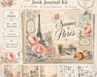 Summer In Paris Printable Junk Journal Kit, 44 Pages of Vintage French Ephemera