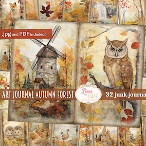 Journal d'art Forêt d'automne, Journal numérique pour les ordures ménagères, Papier numérique nature, Collage avec des animaux des bois, des feuillages d'automne et un paysage forestier riche