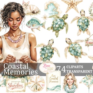 Ensemble de 74 cliparts souvenirs côtiers, graphiques de plage, PNG transparents, autocollants pour agenda numérique, décoration côtière, mode plage, minimaliste marin