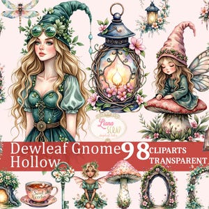 Dewleaf Gnome Hollow 98 Clipart Set - aquarelles, gnomes, fées, champignons, PNG pour art numérique, agendas, scrapbooking