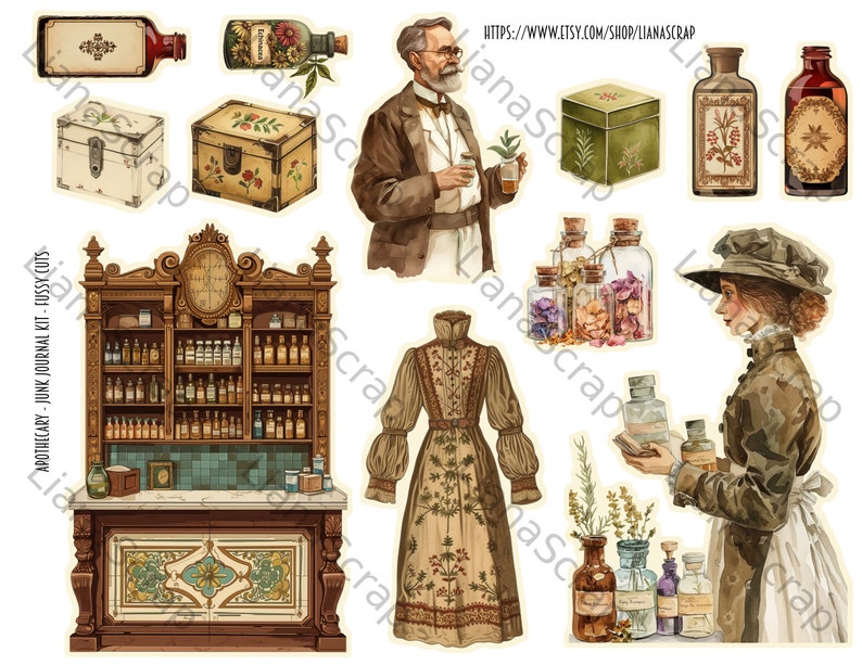 Junk Journal, Apothecary Fussy Cuts Printable, Digital Download, Pharmacy Images, Ephemera Stickers, Embellishments for Junk Journals image 2