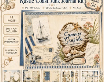 Summer Rustic Coast Printable Junk Journal Kit, 44 Pages of Nautical Ephemera