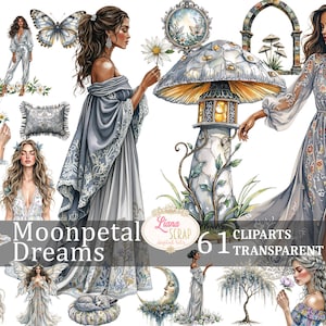 Moonpetal Dreams 61 aquarel clipartset - sprookjesachtige illustraties, transparante PNG, digitale kunst, plannerstickers, scrapbooking, vintage