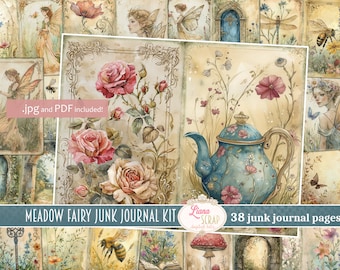 Meadow Fairy Digital Junk Journal, Whimsical Printable Paper, Fantasy Meadow where Fairies live, Summer Blooms