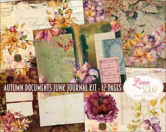 Autumn Floral Junk Journal Kit, Vintage Documents (Digital Download)