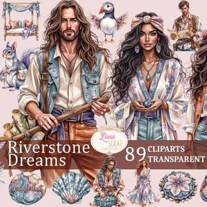 Riverstone Dreams clipartset - 89 aquarelafbeeldingen voor digitale kunst, planners, scrapbooking en transparante png-ontwerpen, Boho Beach