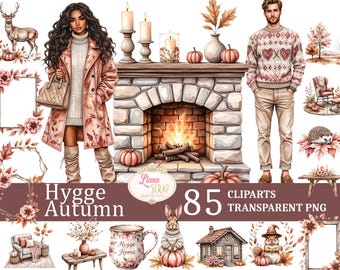 May include: Digital clipart set featuring autumn-themed illustrations. Includes a woman in a coat, a man in a sweater, a fireplace, pumpkins, and floral frames. The text "Hygge Autumn" and "85 Cliparts Transparent PNG" are also visible.