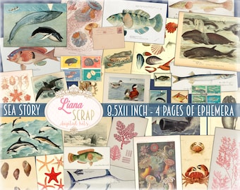 Meer Ephemera Ausdrucke, Digitale Ozean Ausdrucke, Nautische Collage Blätter für Junk Journals, Junk Journal Papier