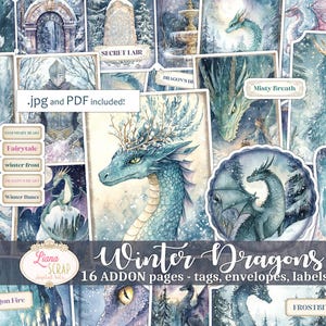 Kit adicional de diario basura Winter Dragons, collages imprimibles, 16 páginas con material efímero, recortes, etiquetas, etiquetas, bolsillos y sobres