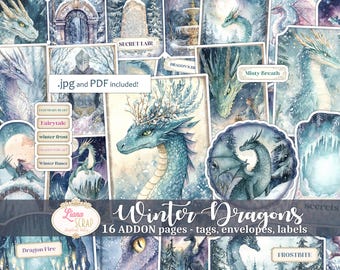 May include: A digital scrapbooking kit featuring 16 pages of winter dragon illustrations. The kit includes tags, envelopes, and labels. The illustrations feature blue and white dragons with icy details. The text "Winter Dragons" is featured in the center of the image.