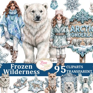 May include: Digital clipart set titled "Frozen Wilderness" featuring illustrations of people in winter clothing, a polar bear, and winter-themed elements. Includes the text "Arctic Wonderland" and "95 Cliparts Transparent PNG".
