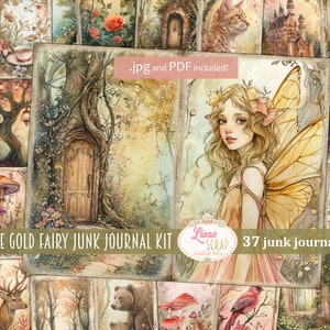 Diario della spazzatura digitale della fata dell'oro rosa, carta stampabile stravagante, foresta fantasy nei toni del caldo oro rosa
