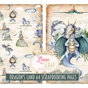 Puede incluir: Dos p&aacute;ginas de scrapbooking digitales con una ilustraci&oacute;n de acuarela de un drag&oacute;n y una princesa en un pa&iacute;s de fantas&iacute;a. Las p&aacute;ginas est&aacute;n dise&ntilde;adas para papel A4 e incluyen el texto "DRAGON'S LAND A4 SCRAPBOOKING PAGES".