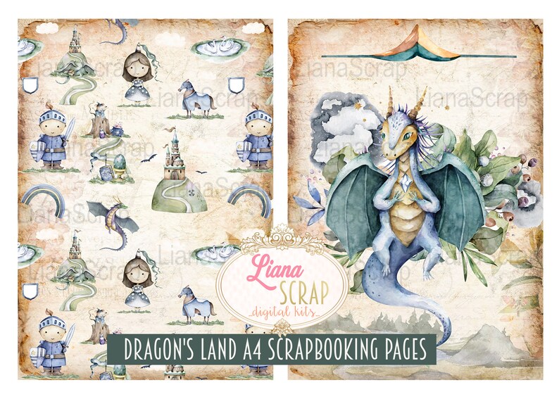 Puede incluir: Dos p&aacute;ginas de scrapbooking digitales con una ilustraci&oacute;n de acuarela de un drag&oacute;n y una princesa en un pa&iacute;s de fantas&iacute;a. Las p&aacute;ginas est&aacute;n dise&ntilde;adas para papel A4 e incluyen el texto "DRAGON'S LAND A4 SCRAPBOOKING PAGES".