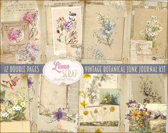 Kit de diario botánico vintage, hojas de collage floral (descarga digital)