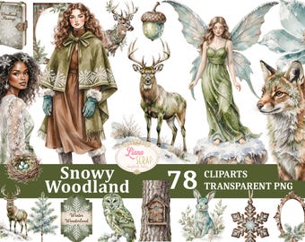 Może przedstawiać: Zestaw clipartów akwarelowych zatytułowany "Snowy Woodland" z ilustracjami leśnych stworzeń, wróżki i kobiet w zimowych strojach. Zawiera książkę, płatek śniegu i tekst "78 Cliparts Transparent PNG".