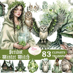 May include: Digital art featuring a collection of watercolor cliparts with a winter witch theme. The artwork includes illustrations of a woman, owls, a rabbit, and a tree, all in shades of green and white. Text reads "Peridot Winter Witch" and "83 Cliparts Transparent PNG."