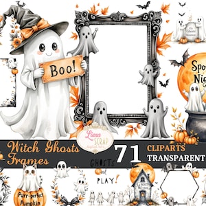 Puede incluir: Una colección de imágenes prediseñadas con temática de Halloween que presenta fantasmas, calabazas, murciélagos y marcos. Un fantasma con un sombrero de bruja sostiene un letrero que dice "Boo!". También se ven las palabras "Witch Ghosts Frames" y "71 Cliparts Transparent PNG".