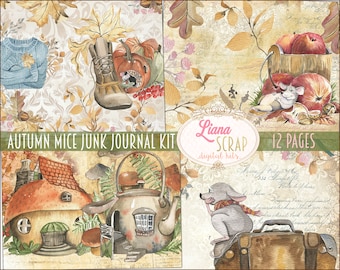 Autumn Mice Junk Journal Kit, Fall Floral Collage (Digital Download)