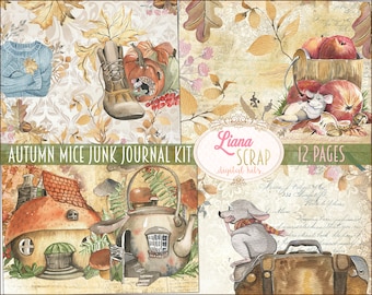 Autumn Mice Junk Journal Digital Kit Printable, Autumn flowers and cute mouse Digital Collage Sheets, Fall Junk Journal, Junk Journal Paper