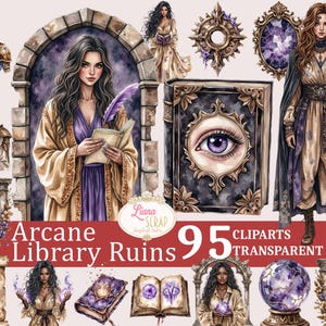 Ruines de la bibliothèque des arcanes - 95 images clipart magiques - graphismes sorcières, PNG transparents pour agendas numériques, scrapbooking et Halloween mystique