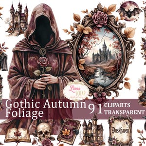 Conjunto de 91 imágenes prediseñadas de follaje otoñal gótico: pegatinas digitales de Halloween, PNG de brujas, elementos de planificador de otoño, espeluznante, castillo de fantasía, academia oscura