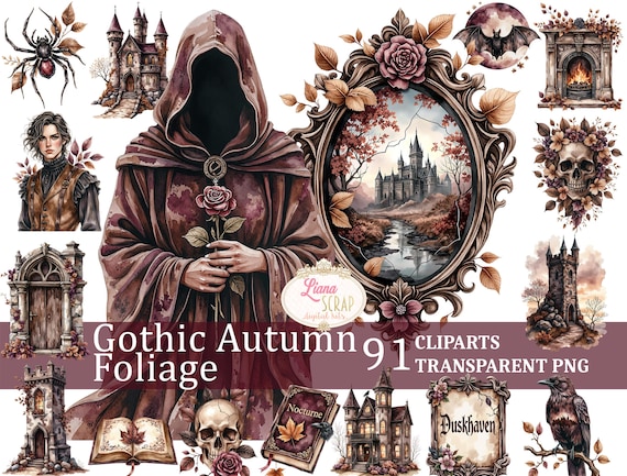 Gothic Autumn Clipart Set – Watercolor Halloween Graphics (PNG)