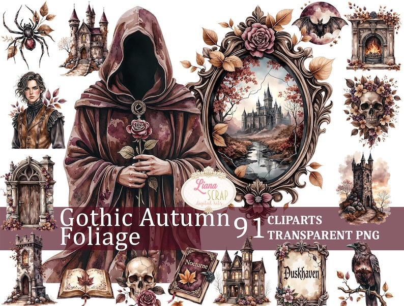 May include: A digital clipart collection named "Gothic Autumn Foliage" with watercolour illustrations. It includes a cloaked figure, a framed landscape with a castle, a skull, a raven, and other gothic elements. The text "Gothic Autumn Foliage 91 Clipart Transparent PNG" is visible.
