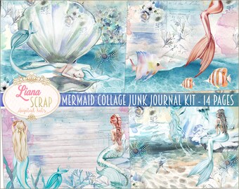 Mermaid Junk Journal Kit, Sea Life Collage, 14 Pages (Digital Download)