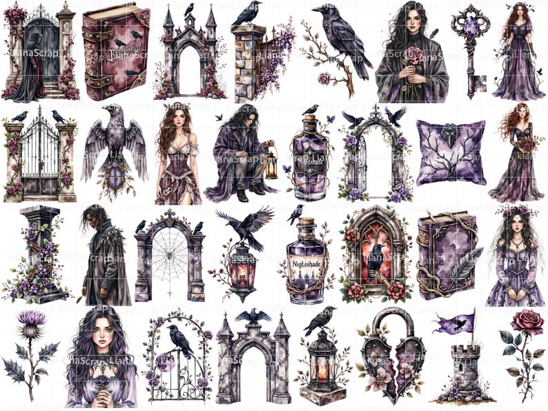Conjunto de imágenes prediseñadas de Castillo de Cuervo Gótico – Dark Academia (94 piezas) imagen 2