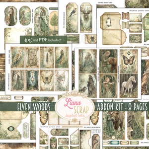 Elven Woods ADDON, digitale junk Journal Kit, Fantasy Elf Forest Collage afdrukbaar, bos, bosdieren Junk Journal Ephemera