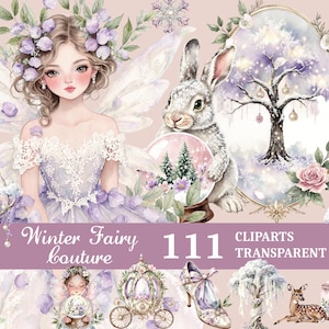 May include: A digital art collection with a fairy, a rabbit, and winter-themed illustrations. The fairy has lavender flowers in her hair. The text "Winter Fairy couture" and "111 Cliparts Transparent PNG" are visible. The illustrations are in a soft, pastel colour palette.