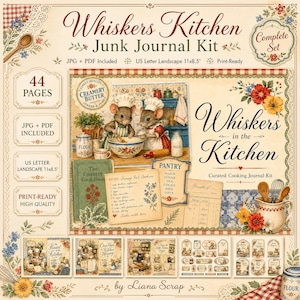 Può includere: Un kit per junk journal Whiskers Kitchen con 44 pagine in formato orizzontale US Letter 27,9x21,6 cm. Il kit include fogli stampabili con illustrazioni di topi che cucinano, schede ricette, etichette per la dispensa e decorazioni floreali.
