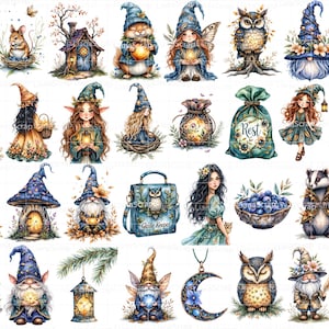 Conjunto de imágenes prediseñadas de gnomos en acuarela: hadas, búhos y animales del bosque (descarga digital PNG) imagen 2