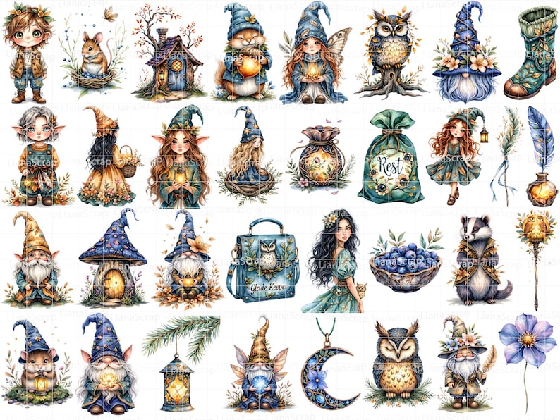 Conjunto de imágenes prediseñadas de gnomos en acuarela: hadas, búhos y animales del bosque (descarga digital PNG) imagen 2