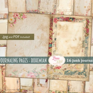 Páginas de registro no diário - Boho, fundo de diário de lixo digital, colagem para impressão, diário de lixo digital de tecidos Boho, papel de diário de preenchimento