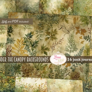 Bajo el fondo del diario basura digital Canopy, collage de hojas del bosque imprimible, diario basura digital botánico, papel del diario de la naturaleza
