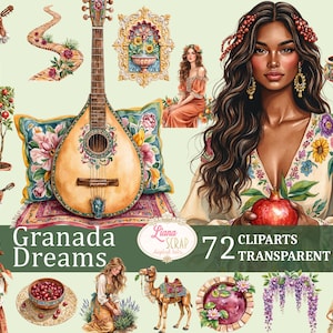 Ensemble de 72 cliparts Granada Dreams - aquarelles florales, femmes, architecture PNG pour art numérique, agendas, scrapbooking