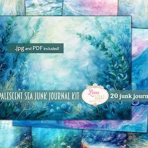 Opalescent Sea, vintage aquarel junk journal papier, digitale achtergrond, junk journal papier met onderwaterlandschappen