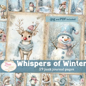 Carta per diario Whispers of Winter Junk, diario magico invernale, pagine invernali pastello, pupazzo di neve, uccelli e belle ragazze