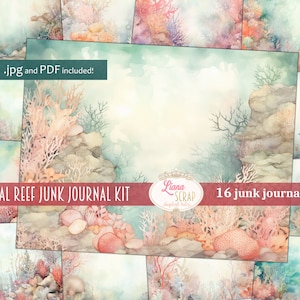 Fundo de recife de coral, diário de lixo digital, colagem de recife de coral para impressão, diário de lixo digital, papel de diário subaquático, fundo de coral