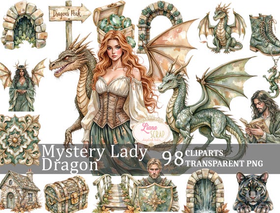 Fantasy Lady Dragon Clipart Set, Watercolor Illustrations (PNG)