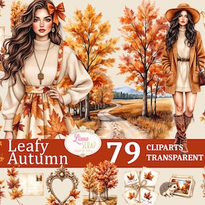 Può includere: Arte digitale a tema autunnale. L'immagine include due donne, foglie autunnali, alberi ed elementi decorativi. Il testo sull'immagine recita "Leafy Autumn" e "79 Cliparts Transparent PNG."