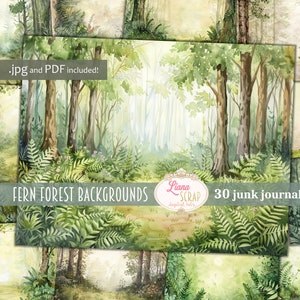Bosque de helechos, Diario basura digital, Collage de bosque imprimible, Diario basura digital, Papel de diario de la naturaleza, fondo de helechos y árboles