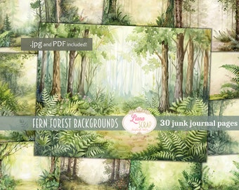 Fern Forest, Digital Junk Journal, Forest Collage Printable, Digital Junk Journal, Nature Journal Paper, ferns and trees background